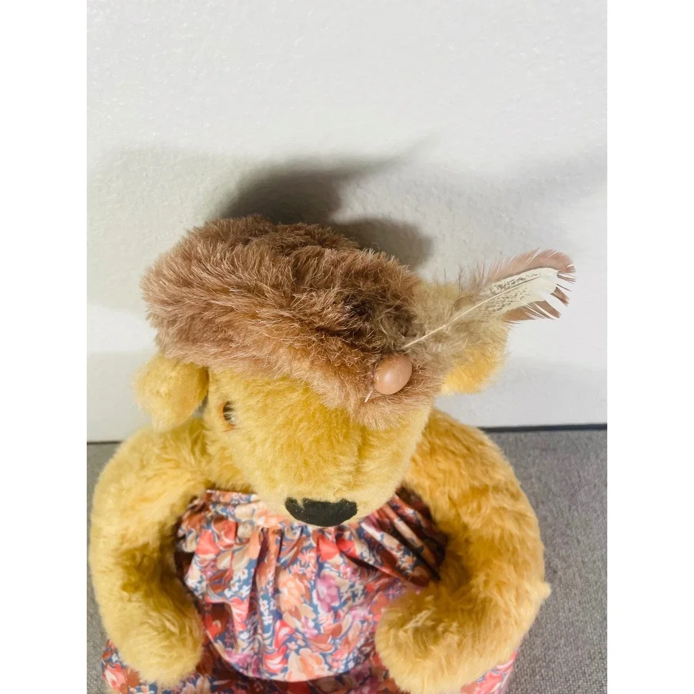 Vintage Teddy Bear Plush Floral Dress Bonnet Tan Cottagecore Stuffed Animal Doll